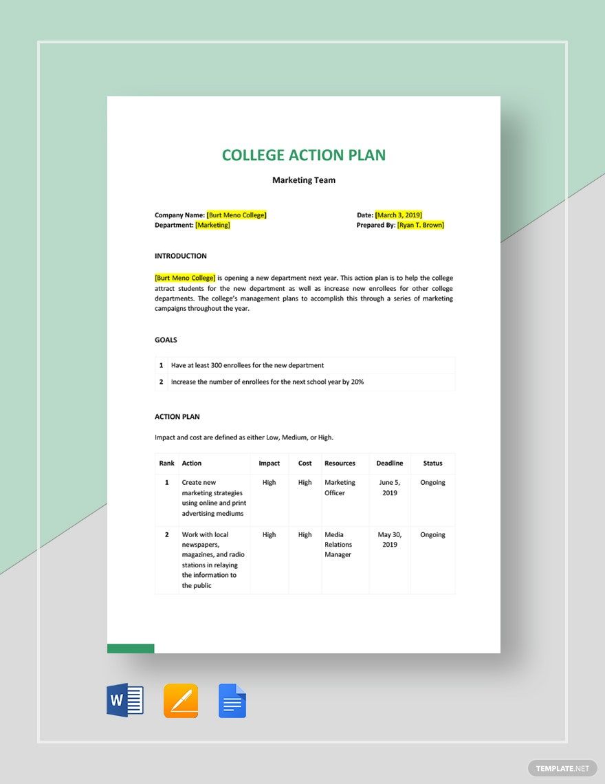 College Action Plan Template