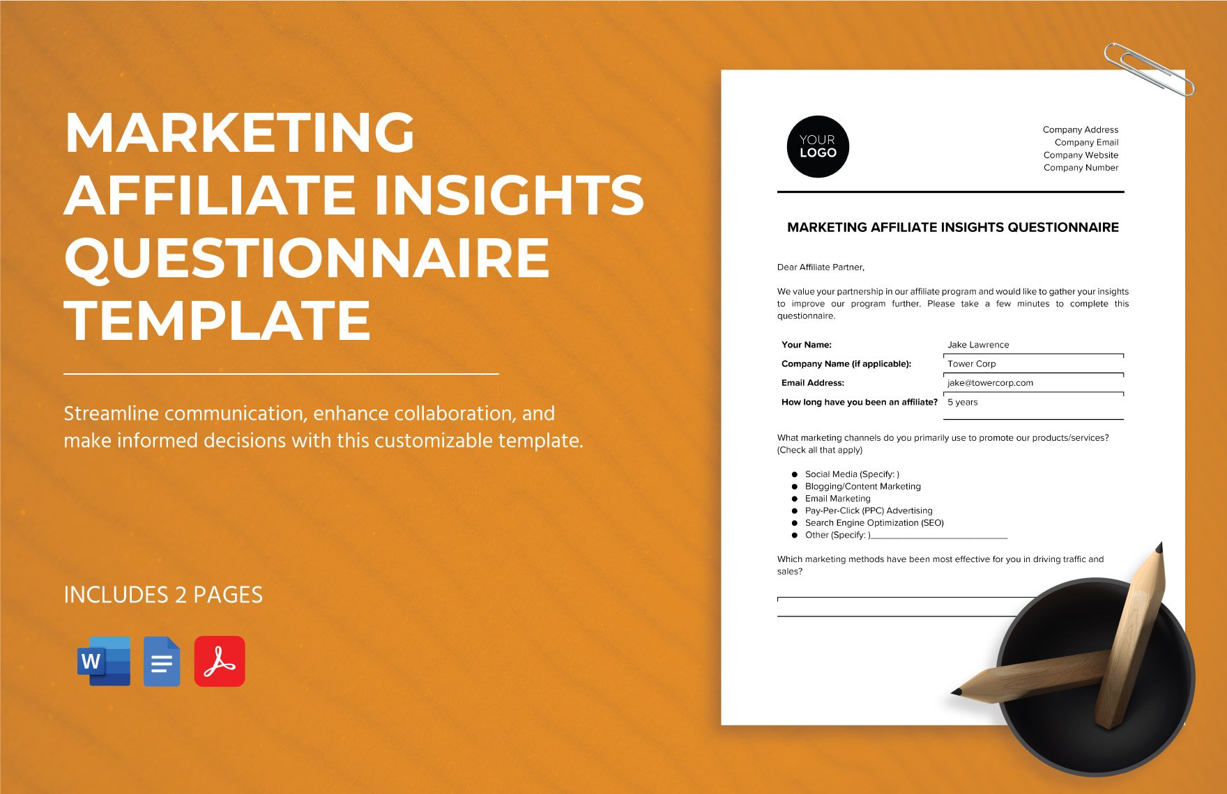 Marketing Affiliate Insights Questionnaire Template in Word, Google Docs, PDF