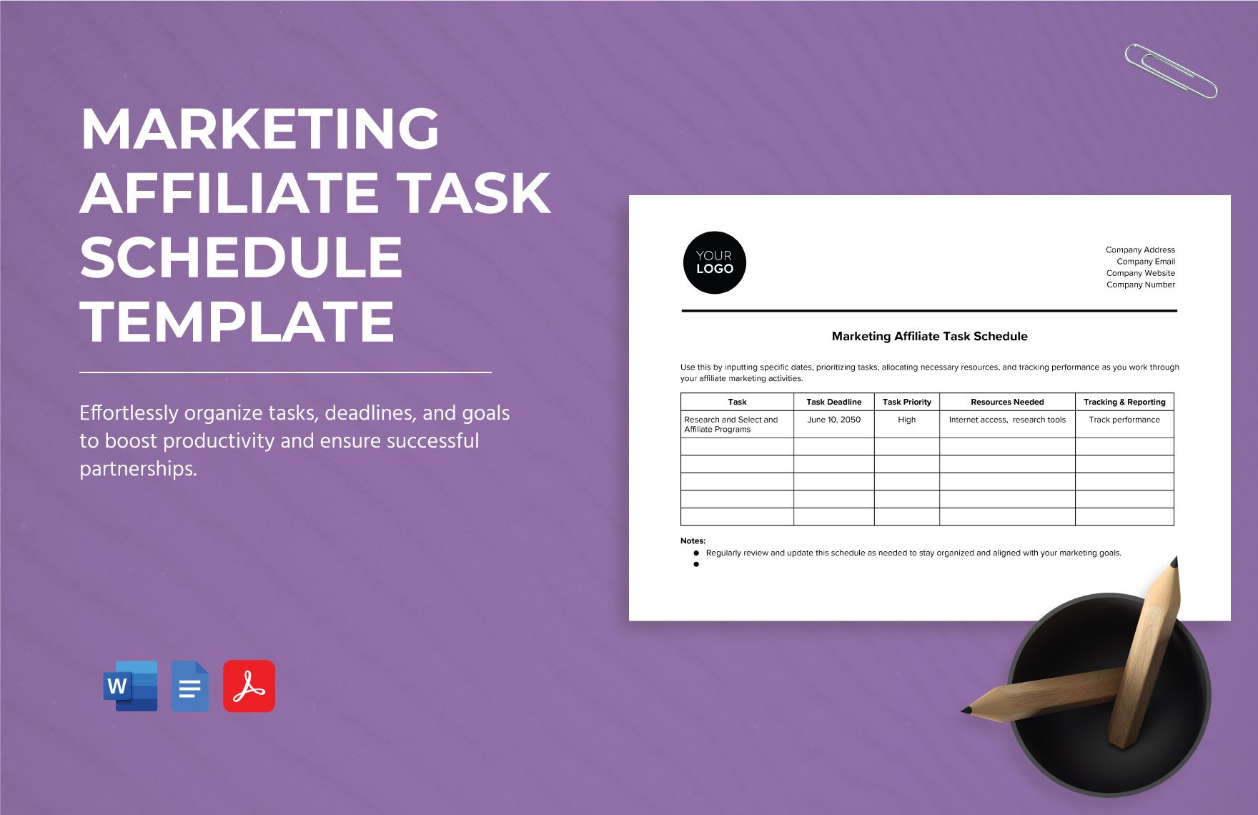 Marketing Affiliate Task Schedule Template in Word, Google Docs, PDF