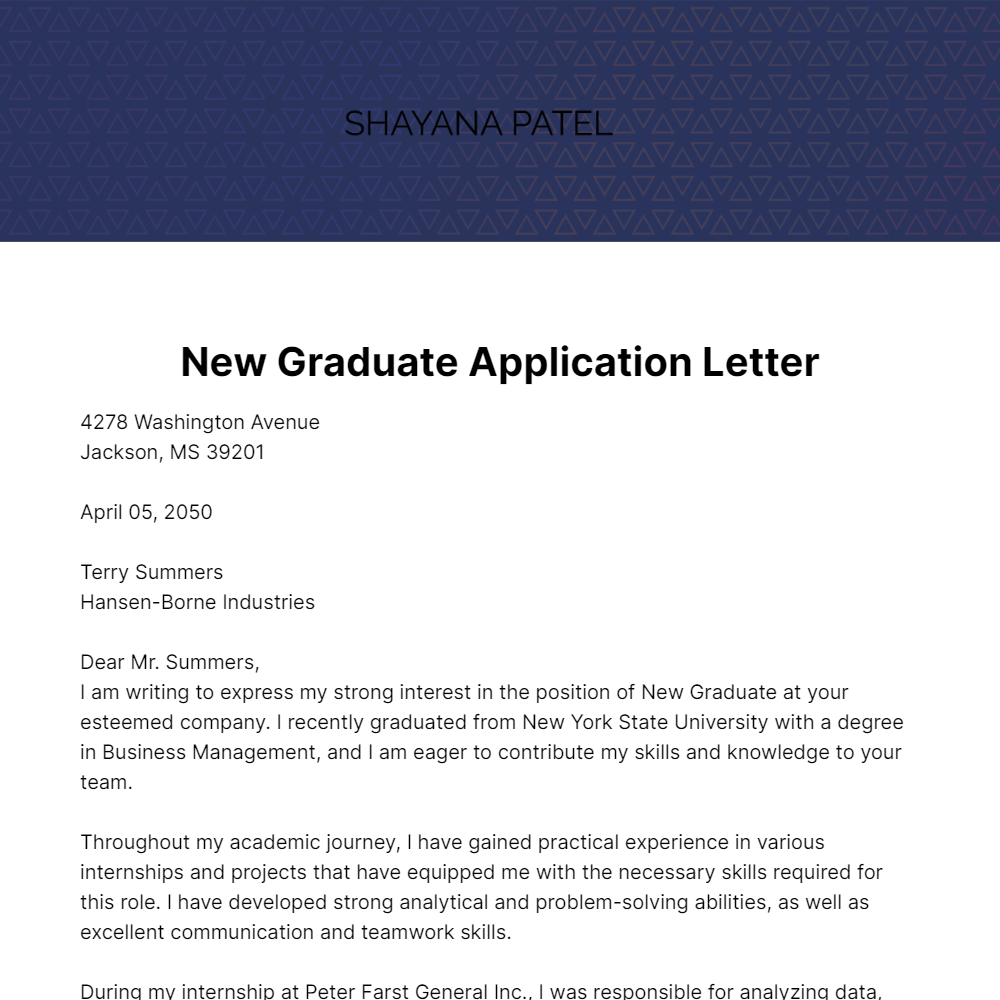 New Graduate Application Letter Template