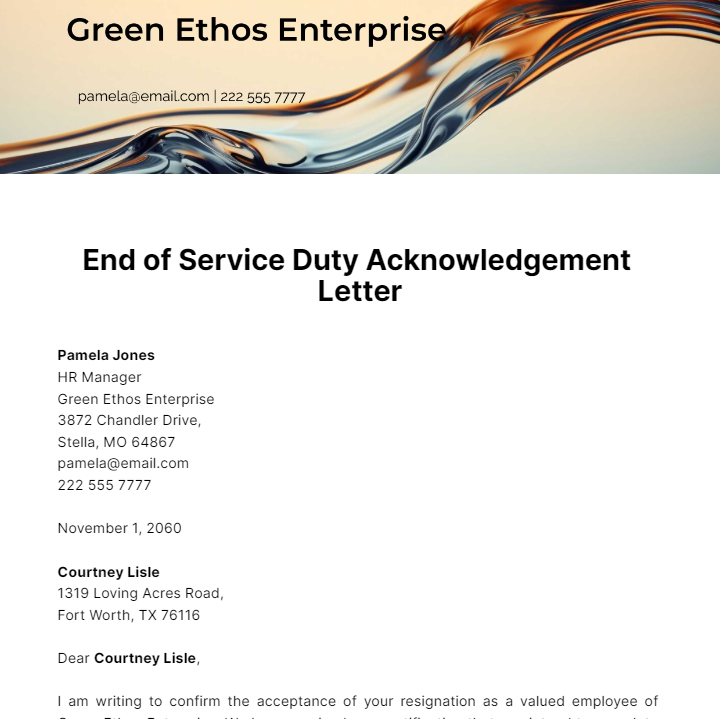 End of Service Duty Acknowledgment Letter Template