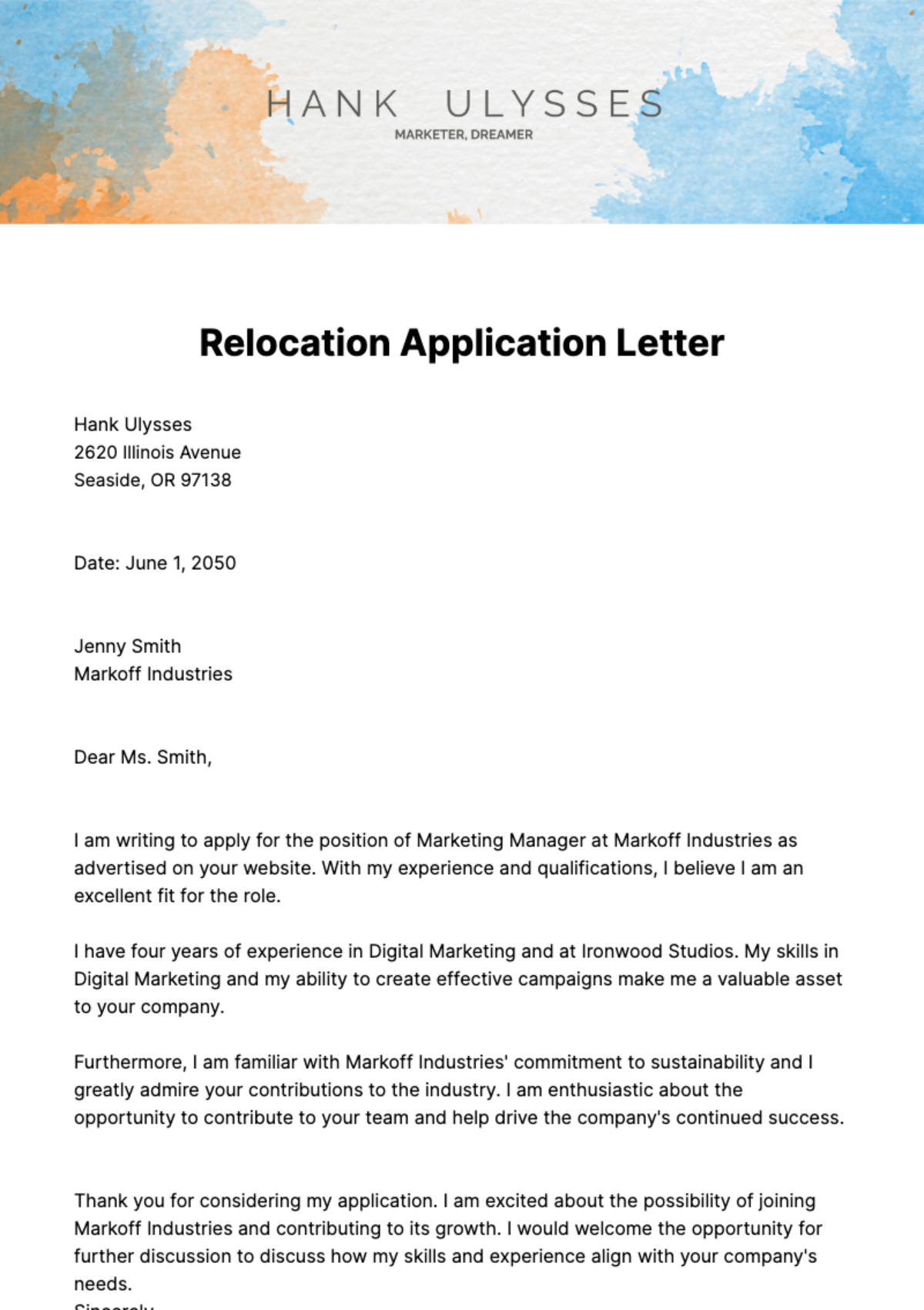 Relocation Application Letter Template - Edit Online & Download