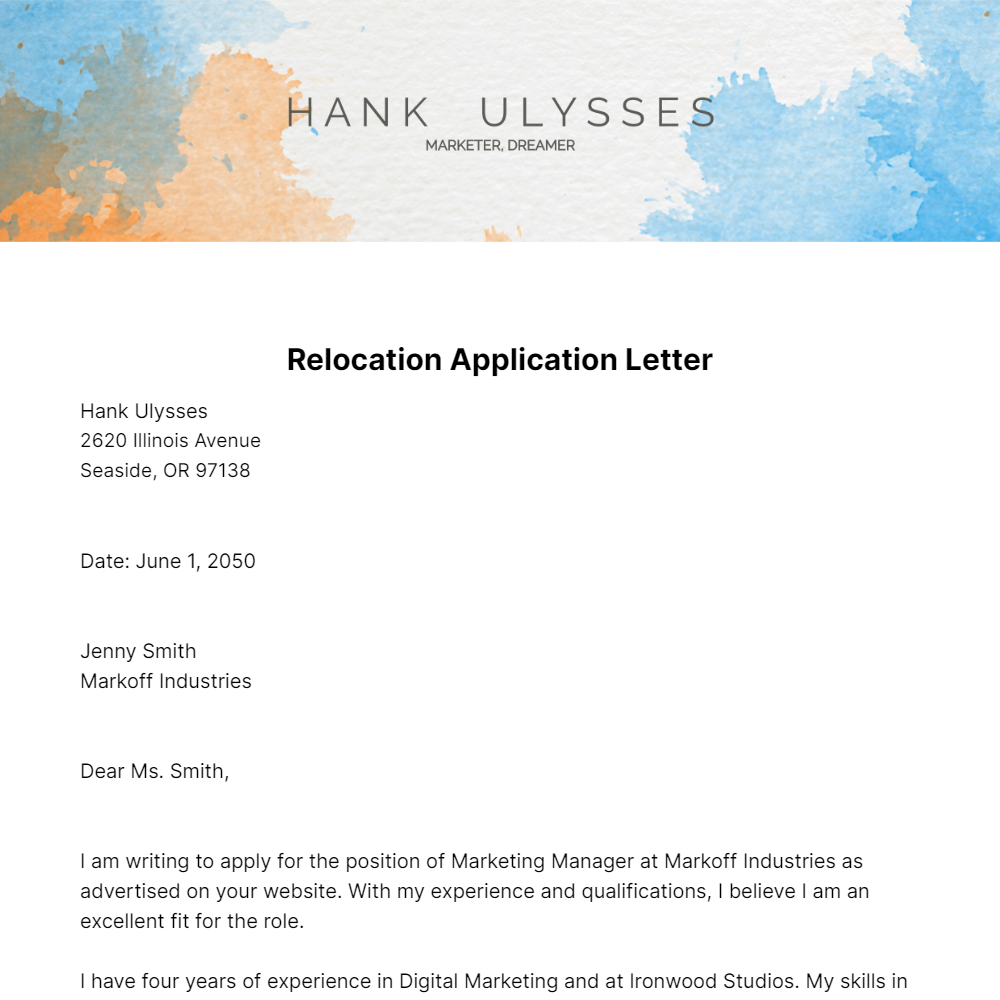 Relocation Application Letter Template