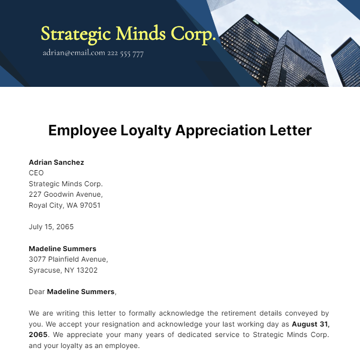 Employee Loyalty Appreciation Letter Template