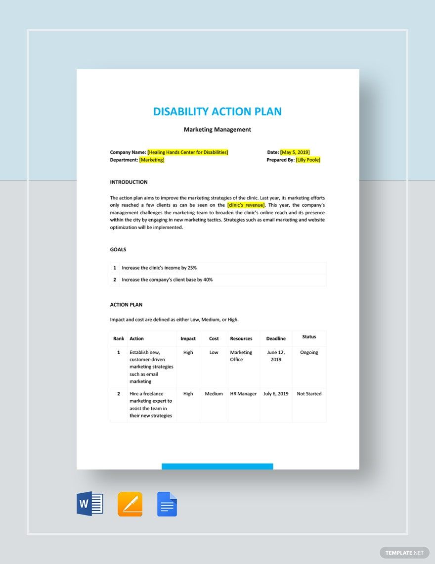 Disability Action Plan Template in Word, Google Docs, Apple Pages