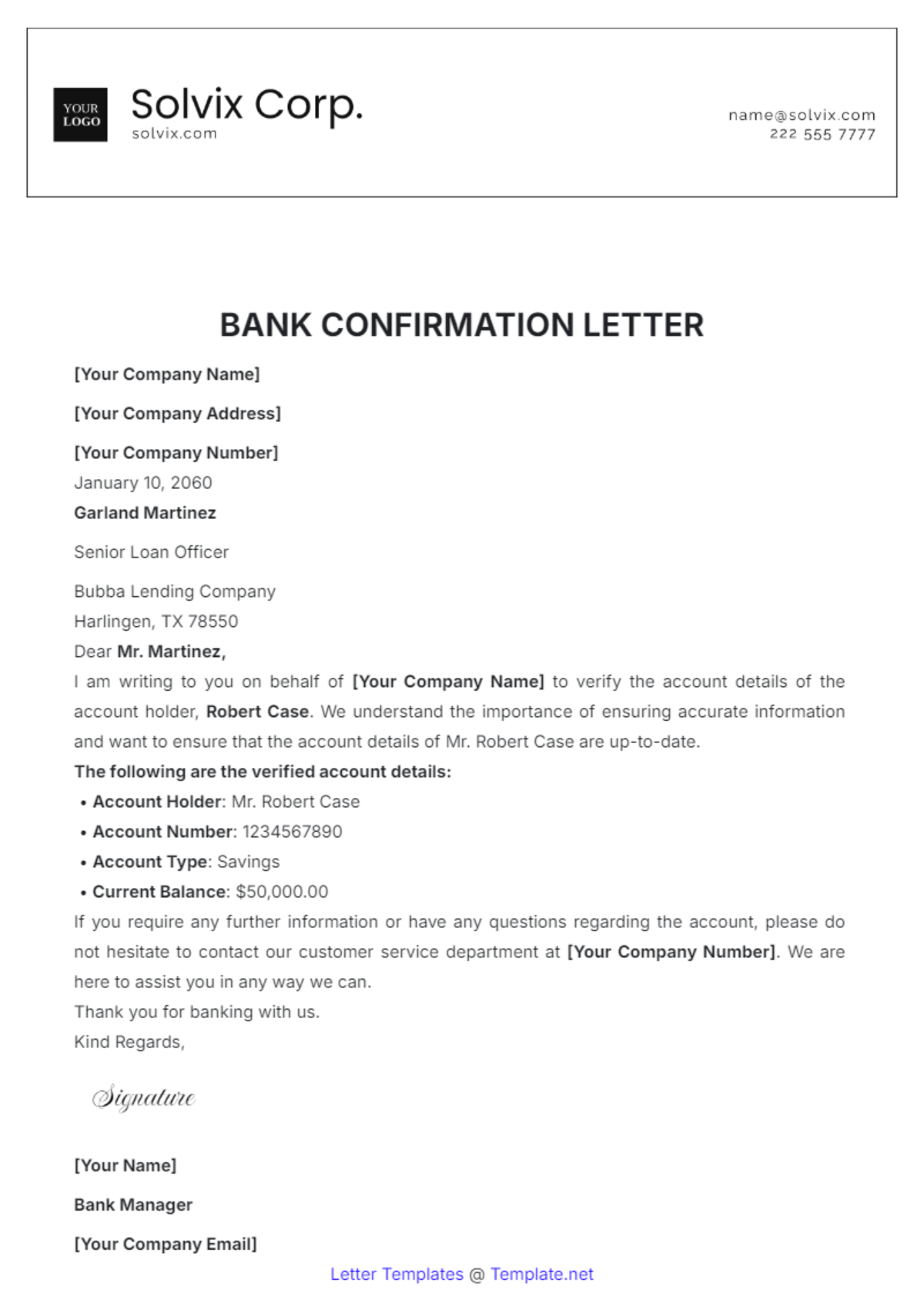 Bank Confirmation Letter Template