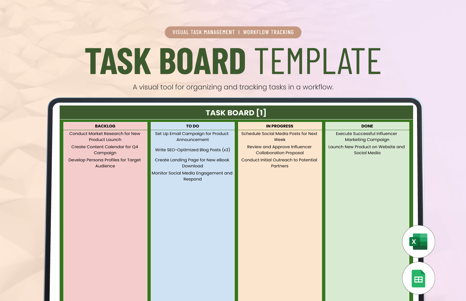 Task Board Template in Excel, Google Sheets