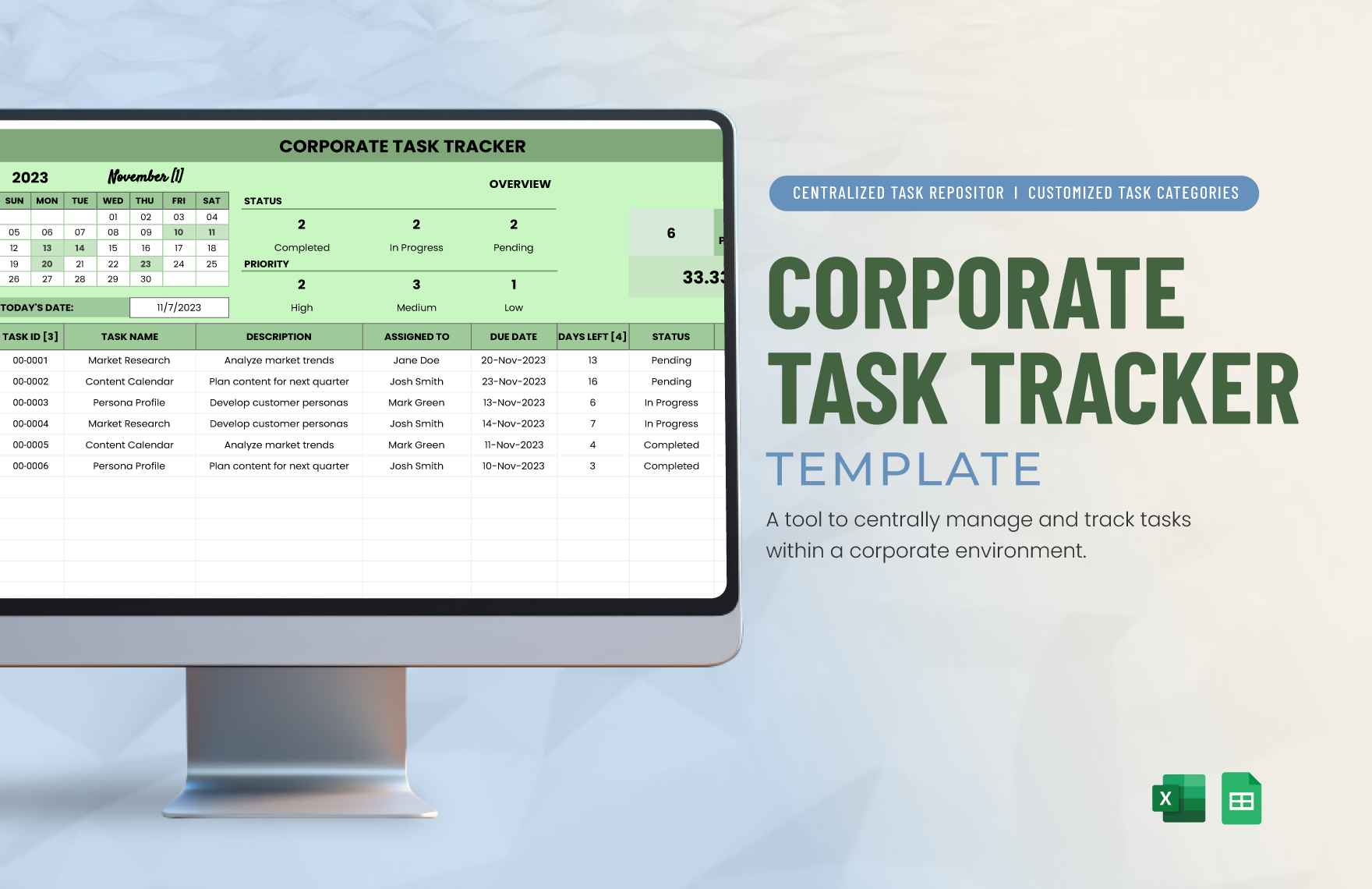 Corporate Task Tracker Template in Excel, Google Sheets