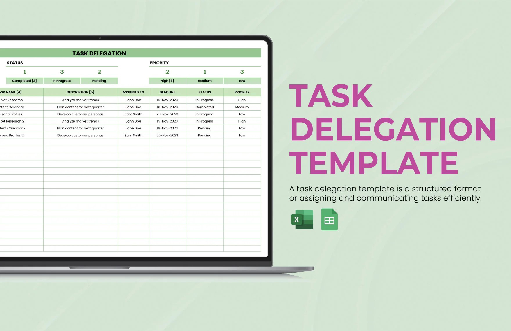 Task Delegation Template in Excel, Google Sheets