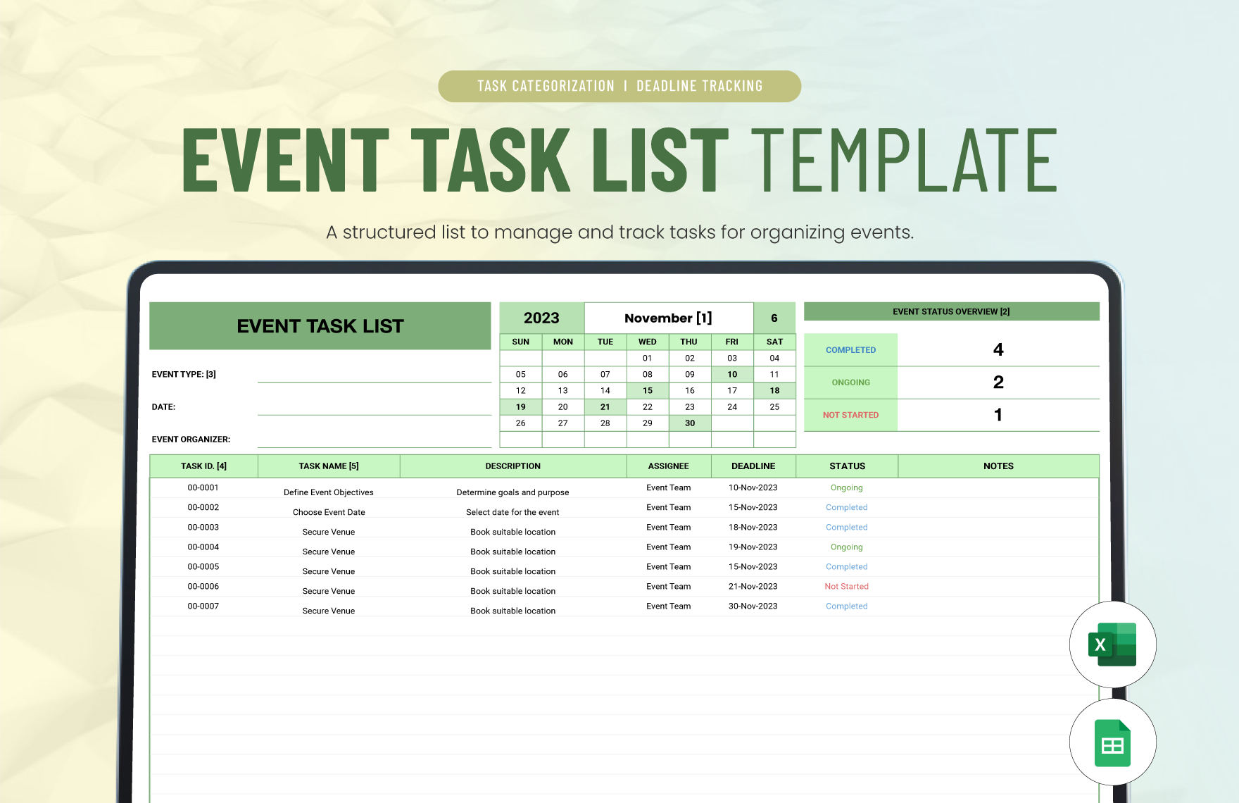 Event Task List Template in Excel, Google Sheets