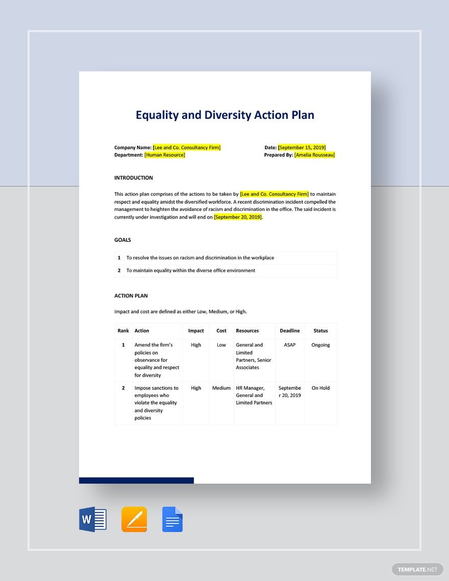 Diversity Action Plan Template in Word, Google Docs, Apple Pages