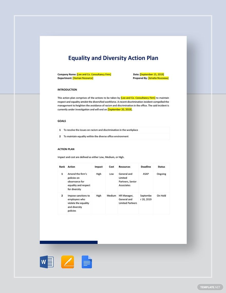 Diversity Action Plan Template Google Docs Word Apple Pages 
