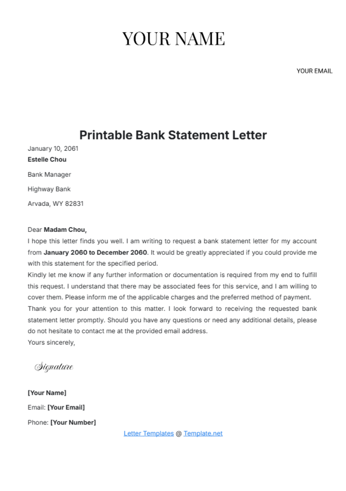 Printable Bank Statement Letter Template