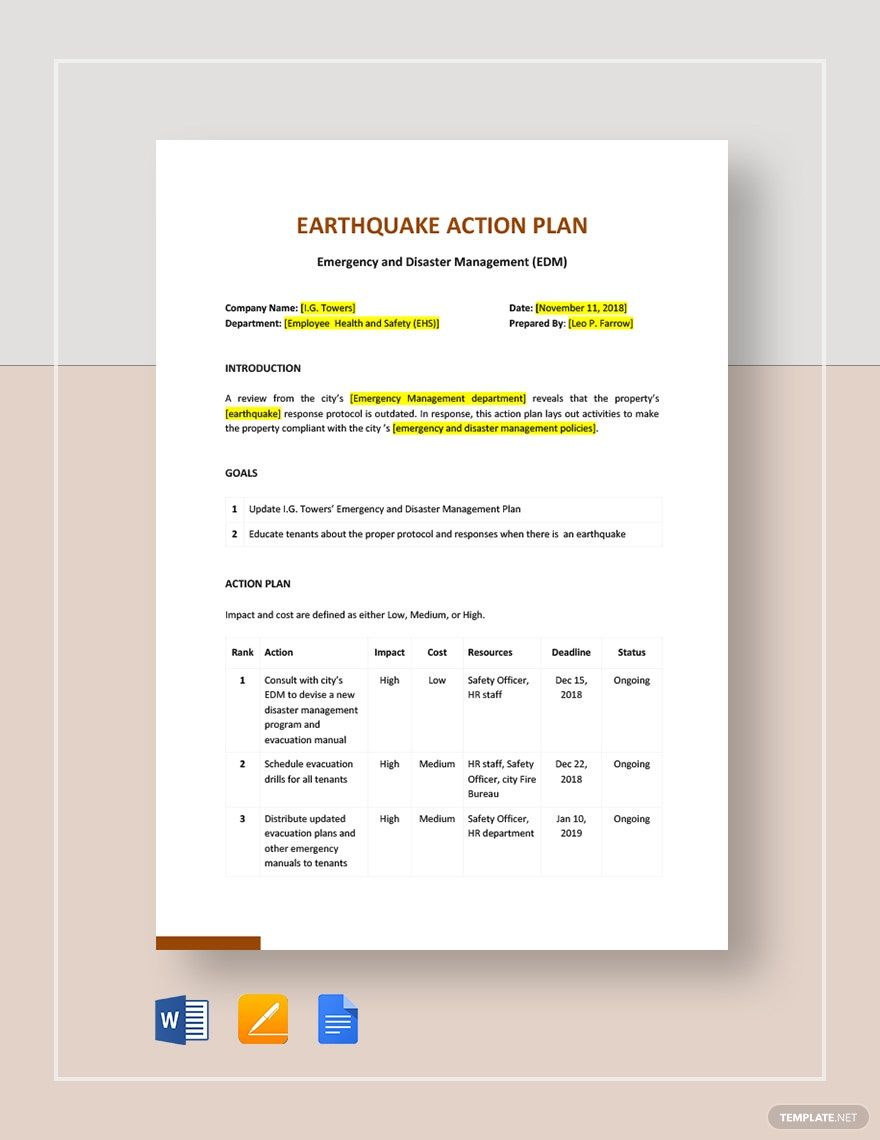 Earthquake Action Plan Template in Word, Google Docs, Apple Pages