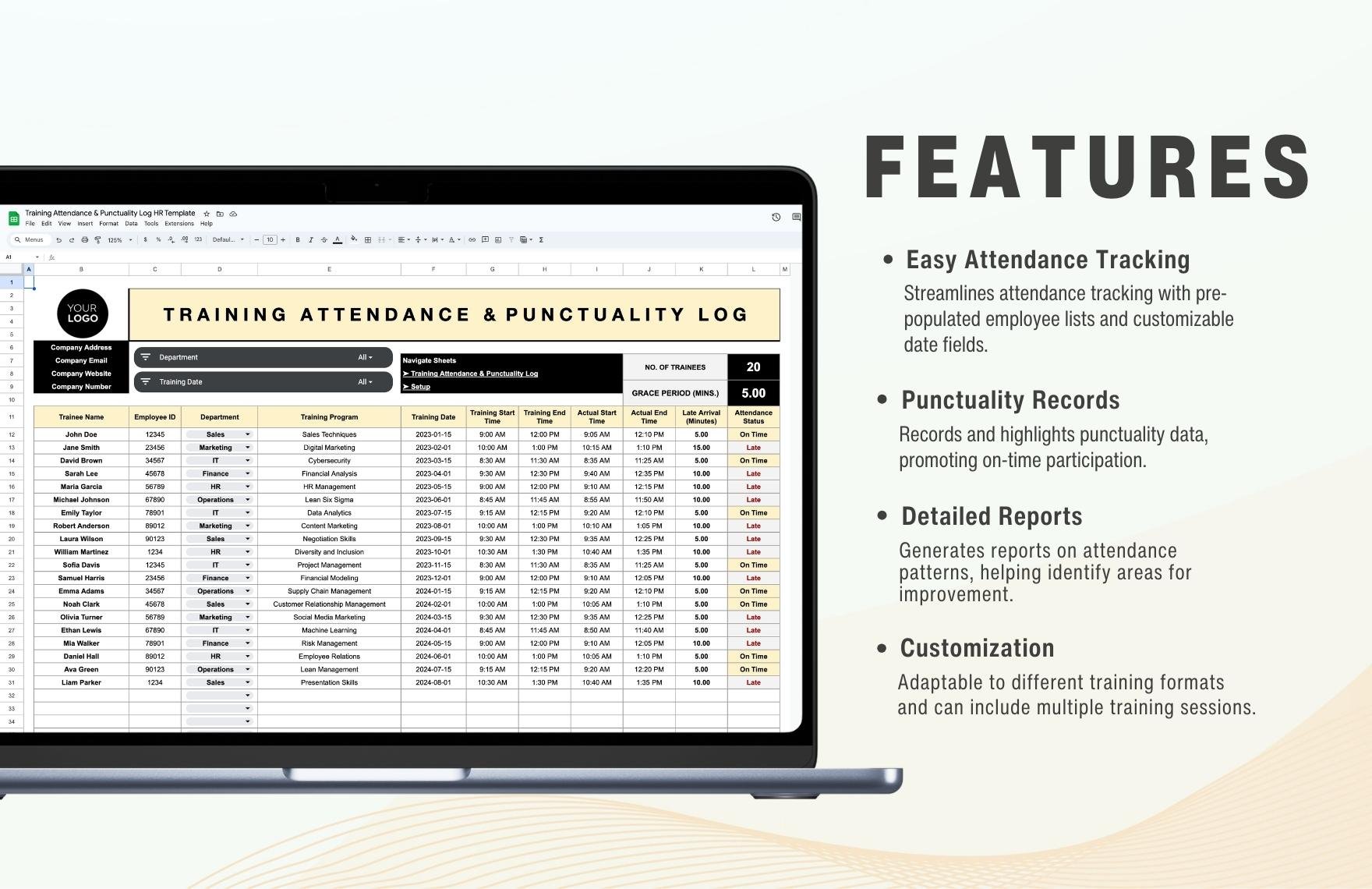 Training Attendance & Punctuality Log HR Template