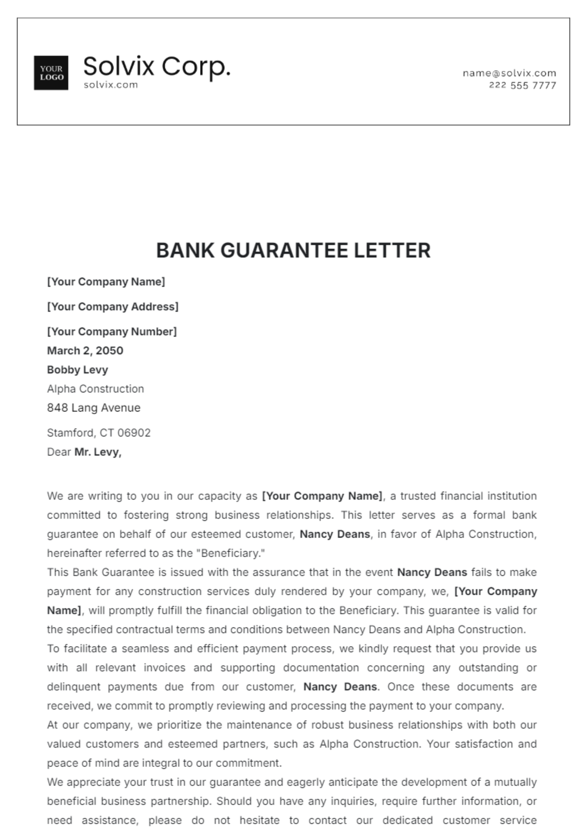 Bank Guarantee Letter Template - Edit Online & Download