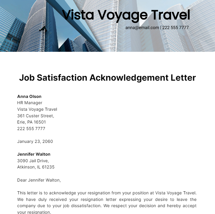 Job Satisfaction Acknowledgment Letter Template