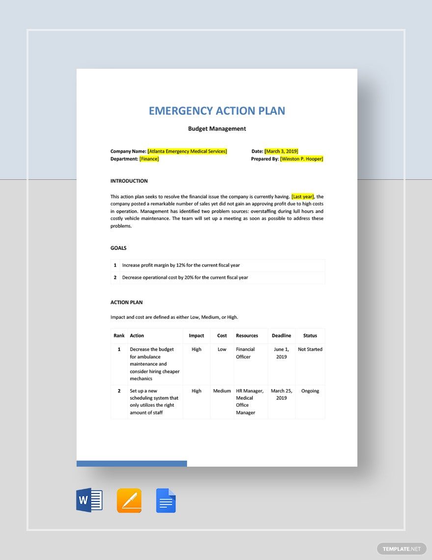 Editable Emergency Action Plan Template