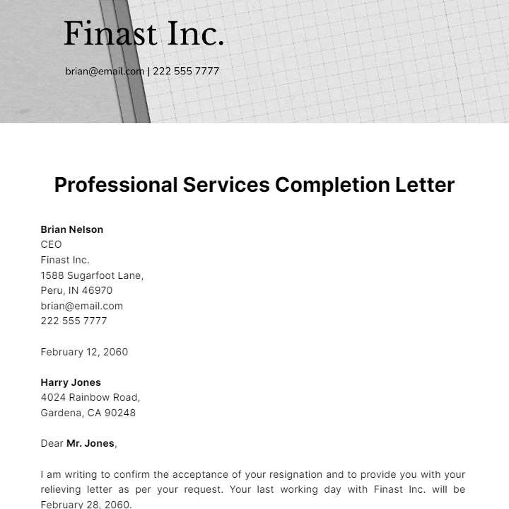 Professional Services Completion Letter Template