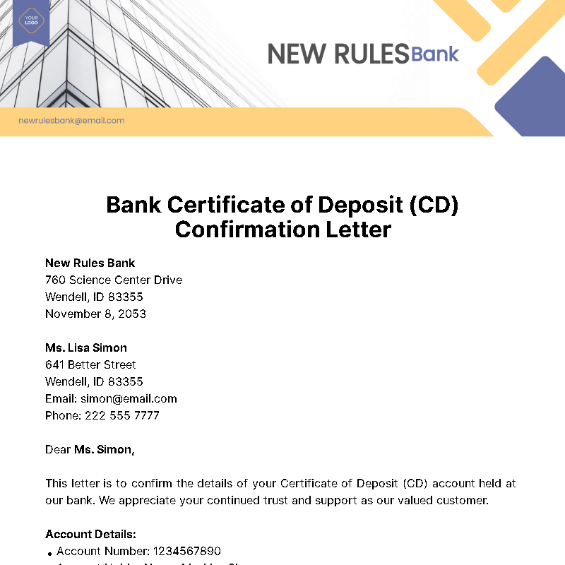 Bank Certificate of Deposit (CD) Confirmation Letter Template