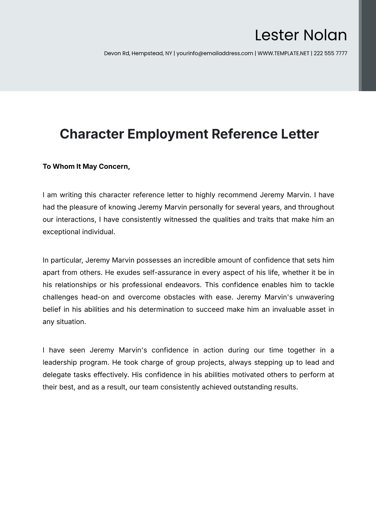 Character Employment Reference Letter Template - Edit Online & Download