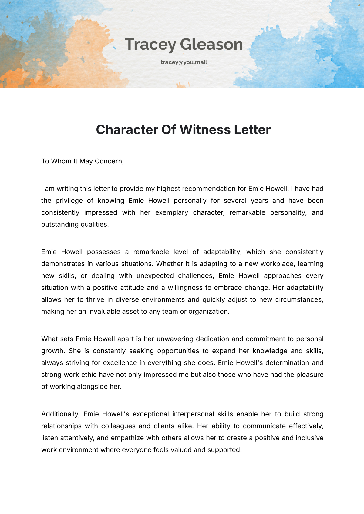 Character Of Witness Letter Template - Edit Online & Download