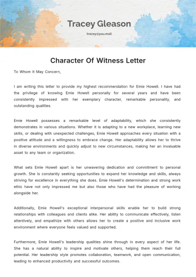 Free Character Of Witness Letter Template to Edit Online
