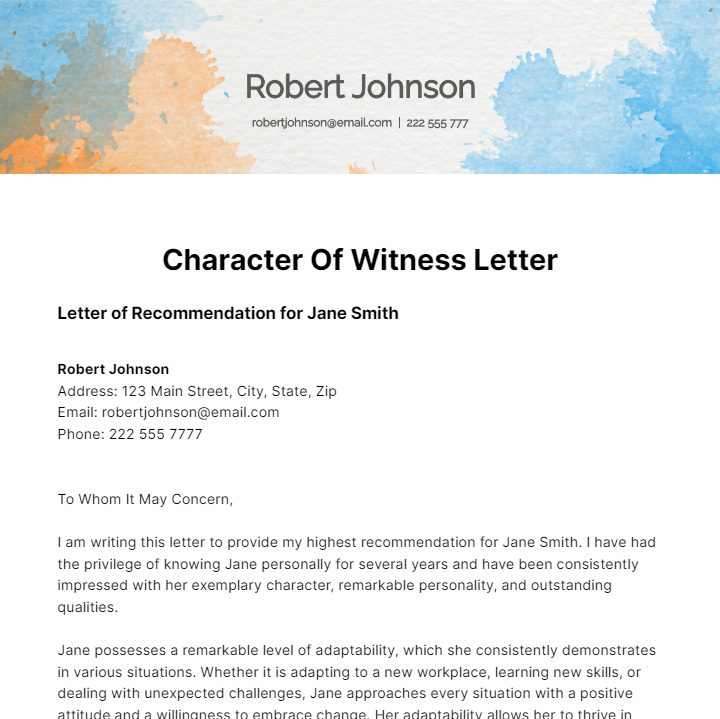 Character Of Witness Letter Template