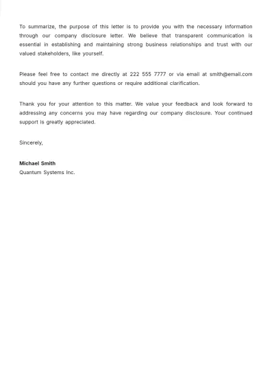 Free Company Disclosure Letter Template to Edit Online