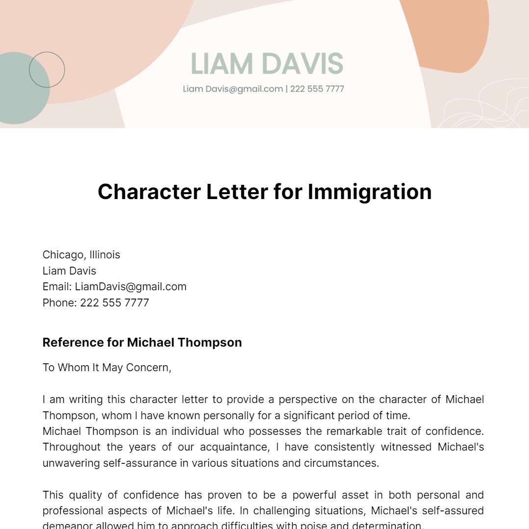 Character Letter For Immigration Template