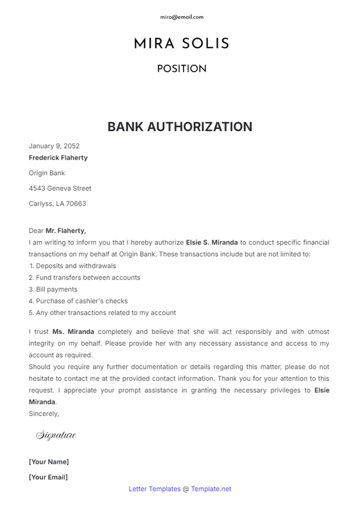 Bank Authorization Letter Template