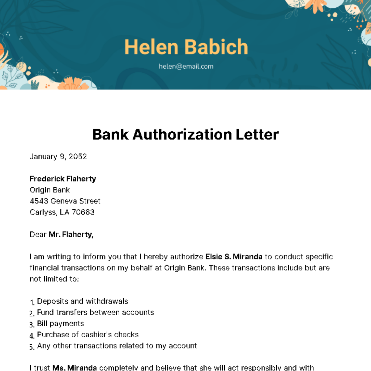 Bank Authorization Letter Template