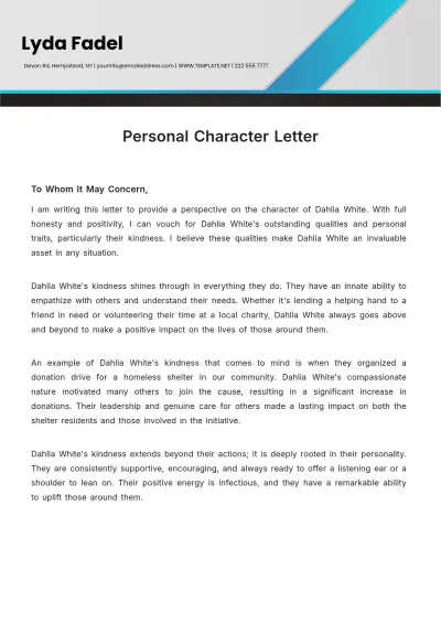 Free Personal Character Letter Template to Edit Online