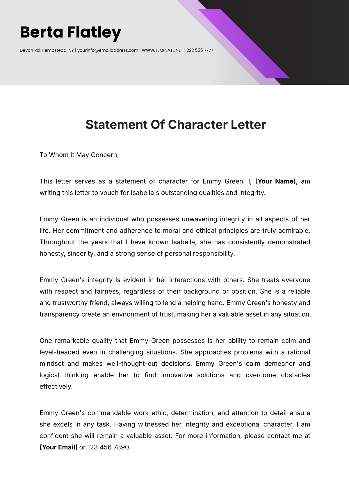 Statement Of Character Letter Template - Edit Online & Download