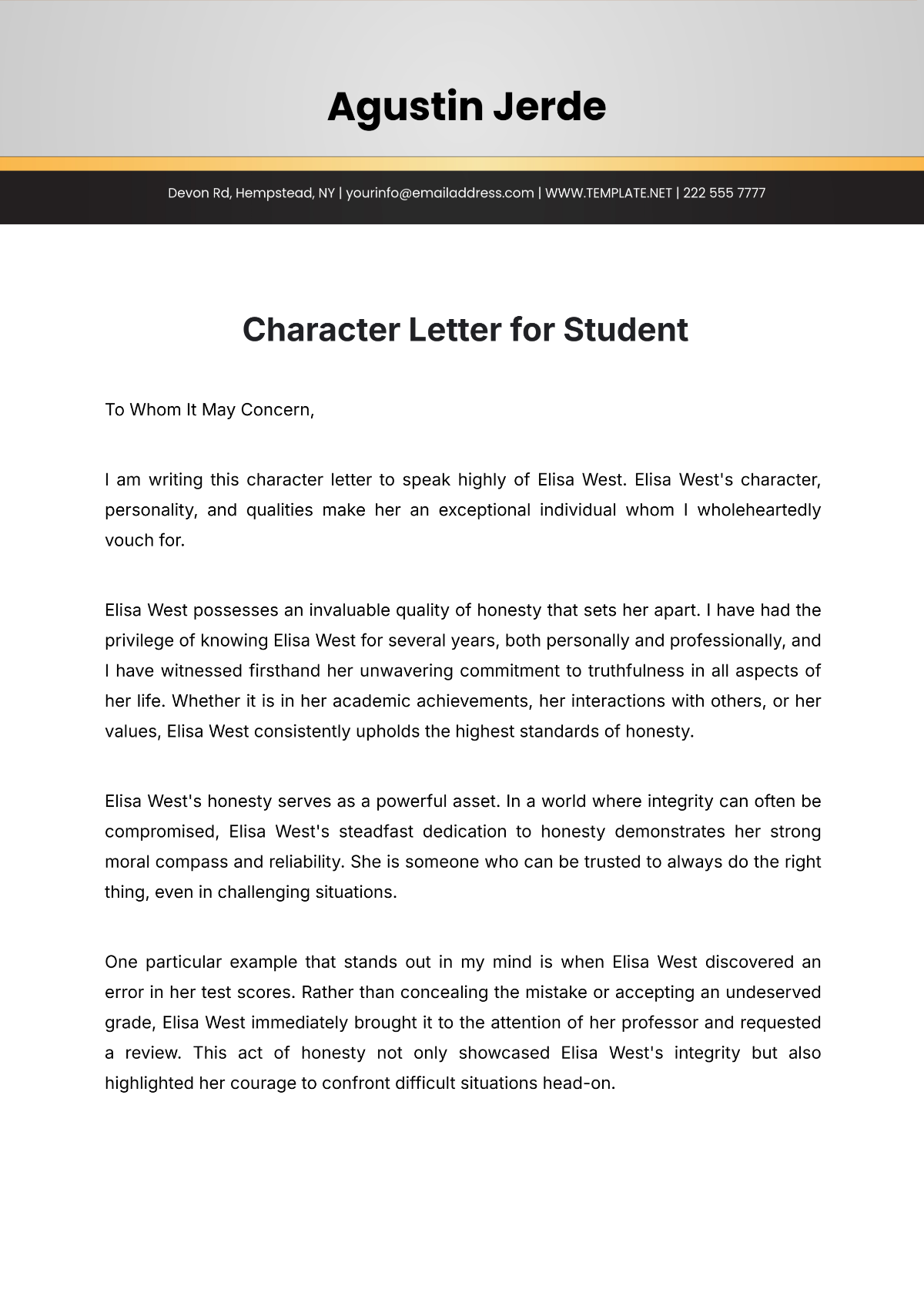 Character Letter For Student Template - Edit Online & Download