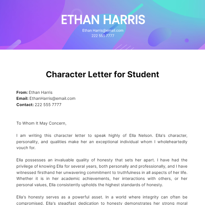 Character Letter For Student Template