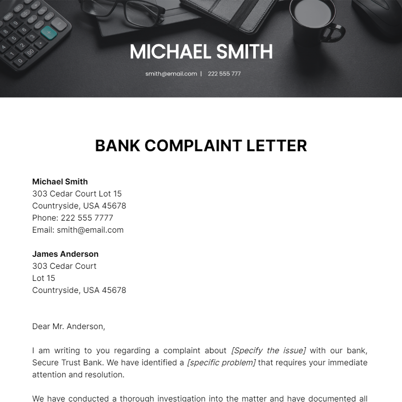 Bank Complaint Letter Template