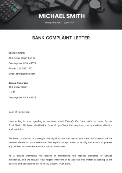 Free Bank Complaint Letter Template to Edit Online