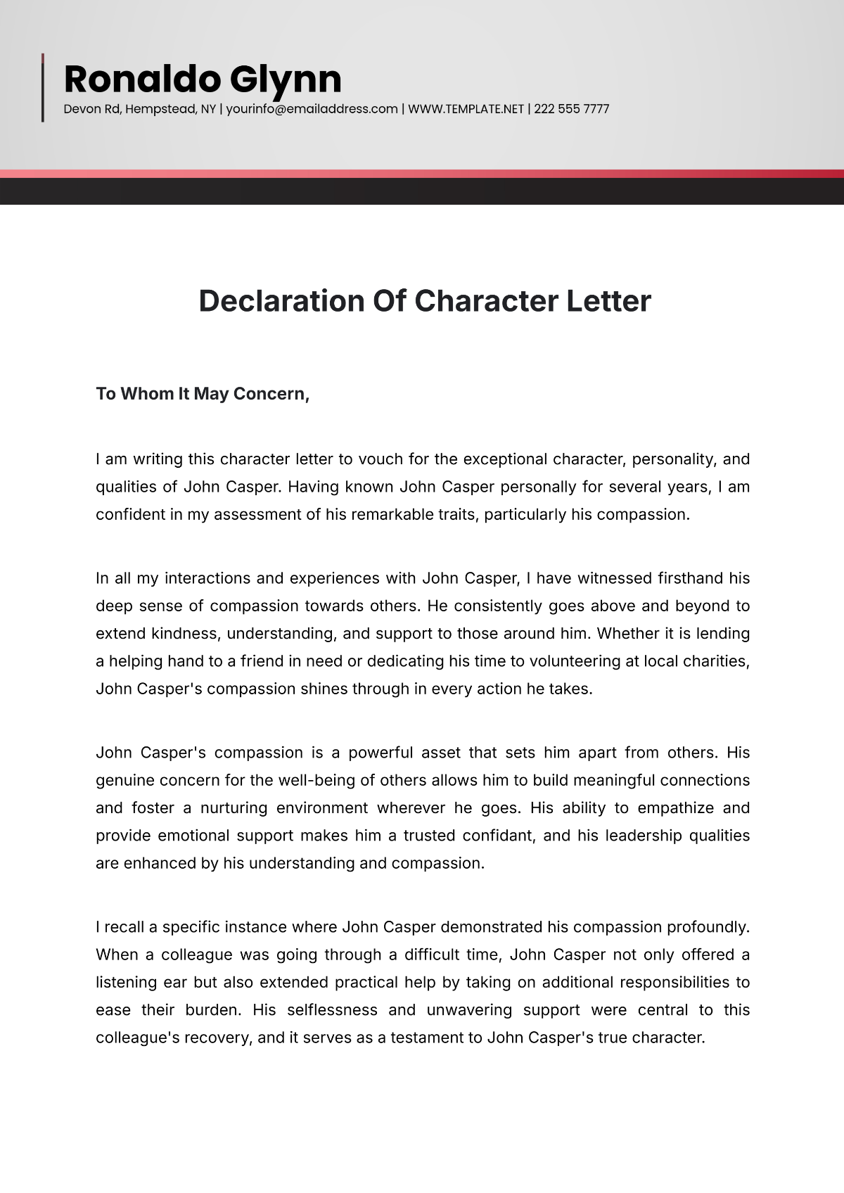 Declaration Of Character Letter Template - Edit Online & Download