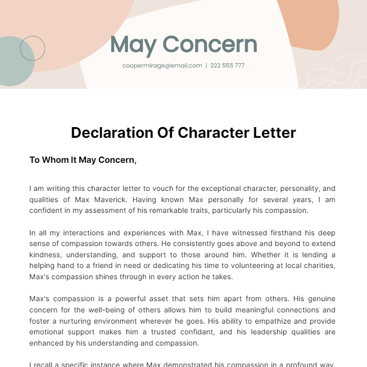 Declaration Of Character Letter Template