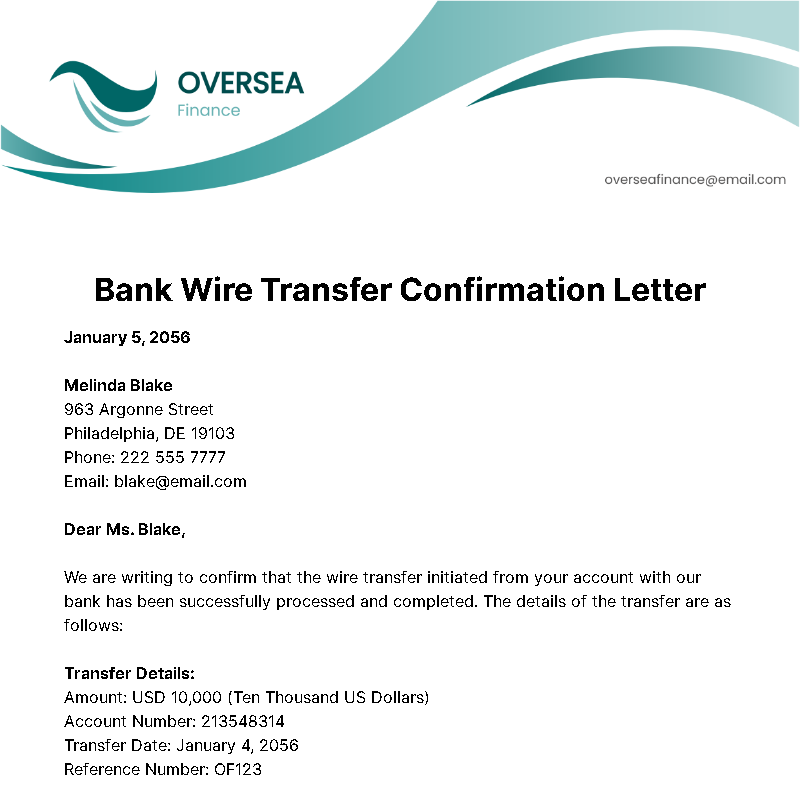 Bank Wire Transfer Confirmation Letter Template