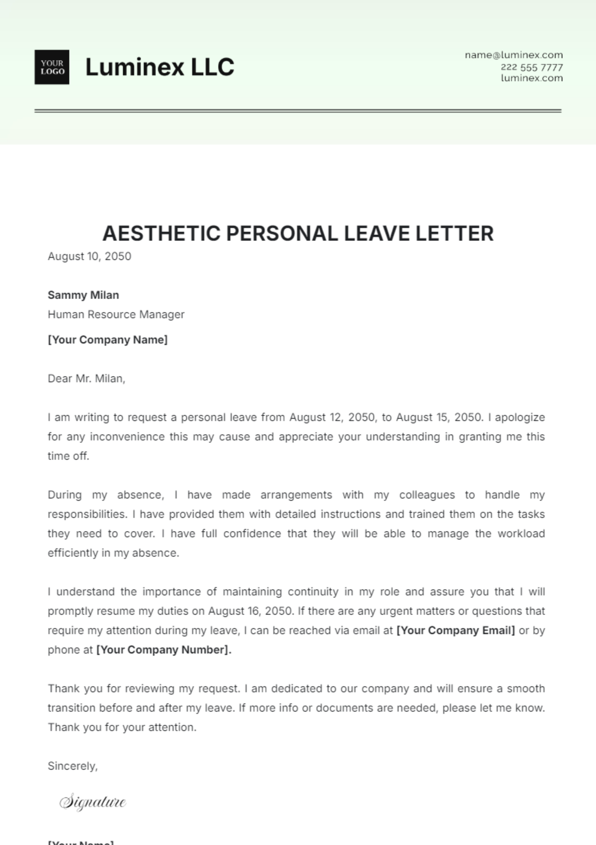 Aesthetic Personal Leave Letter Template - Edit Online & Download