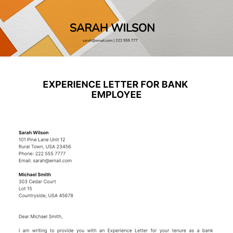 Experience Letter For Bank Employee Template