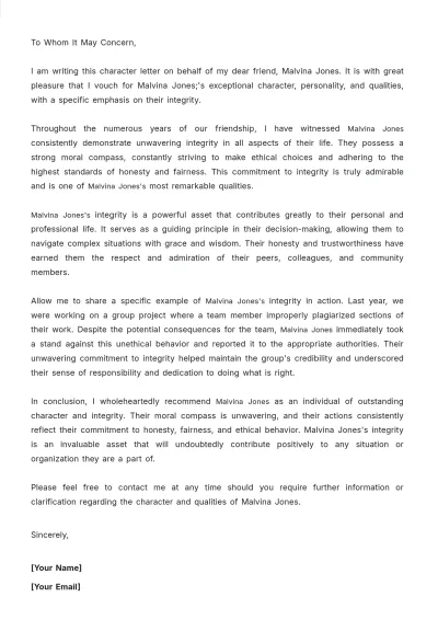 Free Friend Character Letter For Court Template to Edit Online