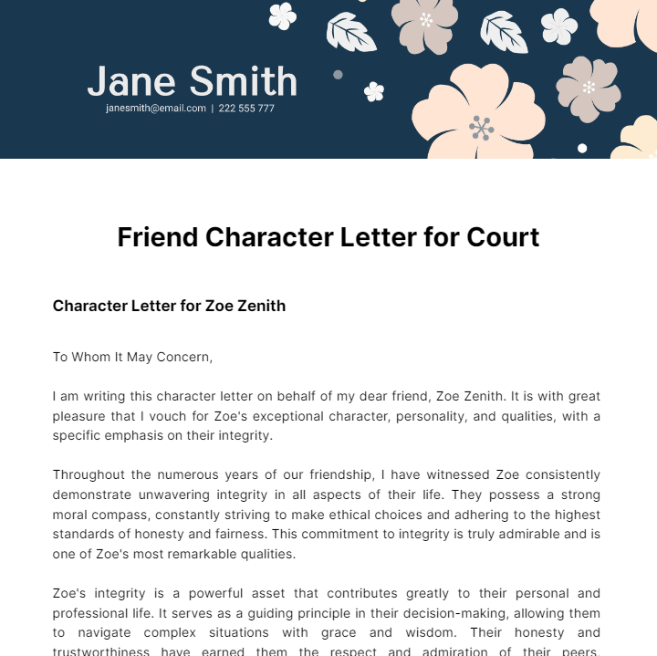 Friend Character Letter For Court Template