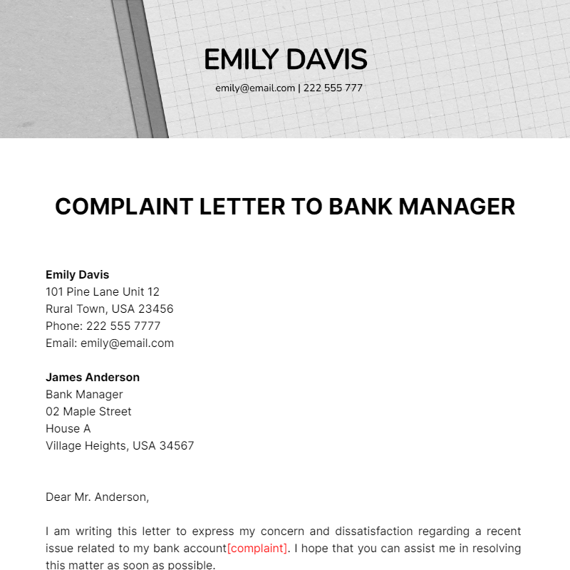 Complaint Letter To Bank Manager Template