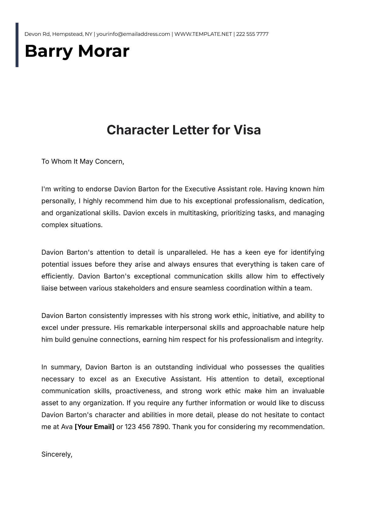 Character Letter For Visa Template - Edit Online & Download