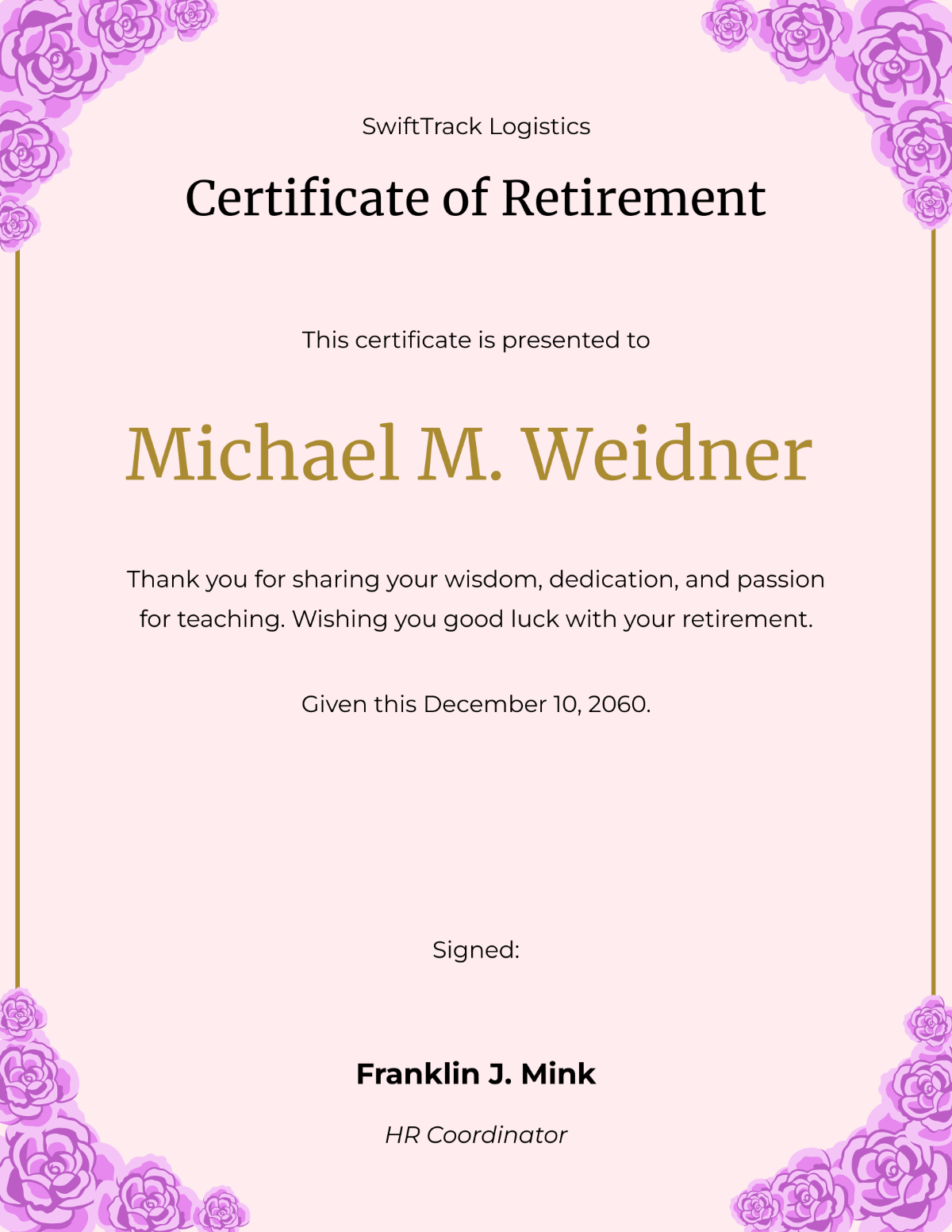 Retirement Certificate For Teacher