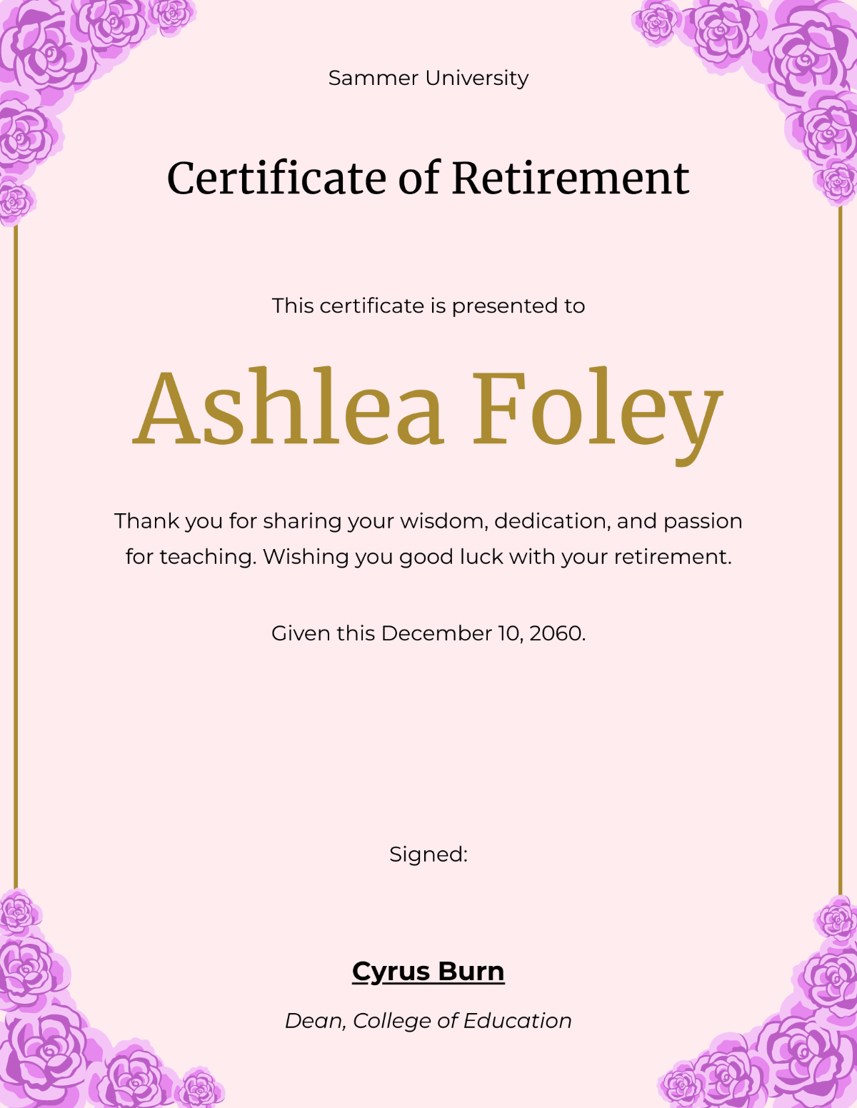 Retirement Certificate For Teacher Template