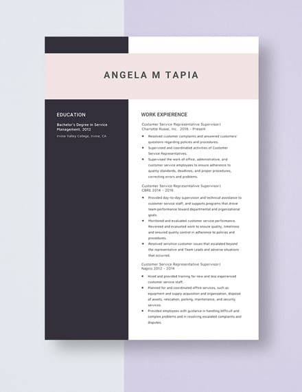 Customer Service Representative Supervisor Resume Template